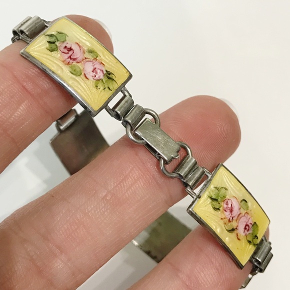 Sterling Silver Guilloche Vintage Rose Enamel Link Plate Bracelet 6.5" Cottage - Picture 3 of 16